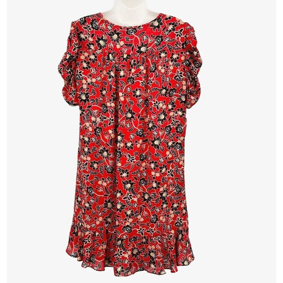 Parker Womens Dress M 100% Silk‎ Floral Ruched Short Sleeves Ruffle Hem Short - Picture 7 of 13